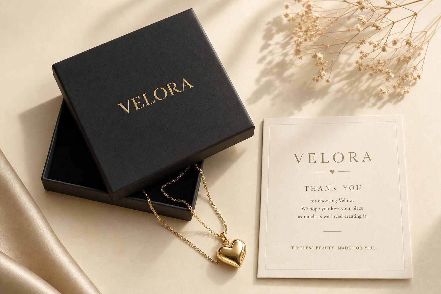 Schwarze VELORA Geschenkbox mit Herzkette und Karte